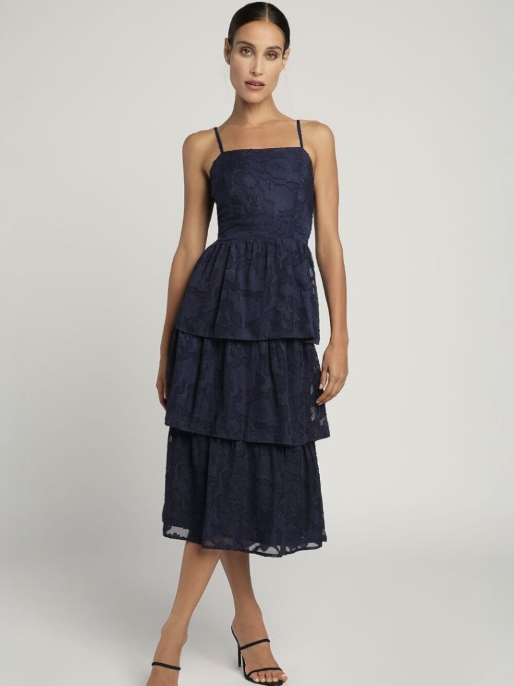 Lulus Grace and Beauty Navy Blue Burnout Floral Print Tiered Dress NWT